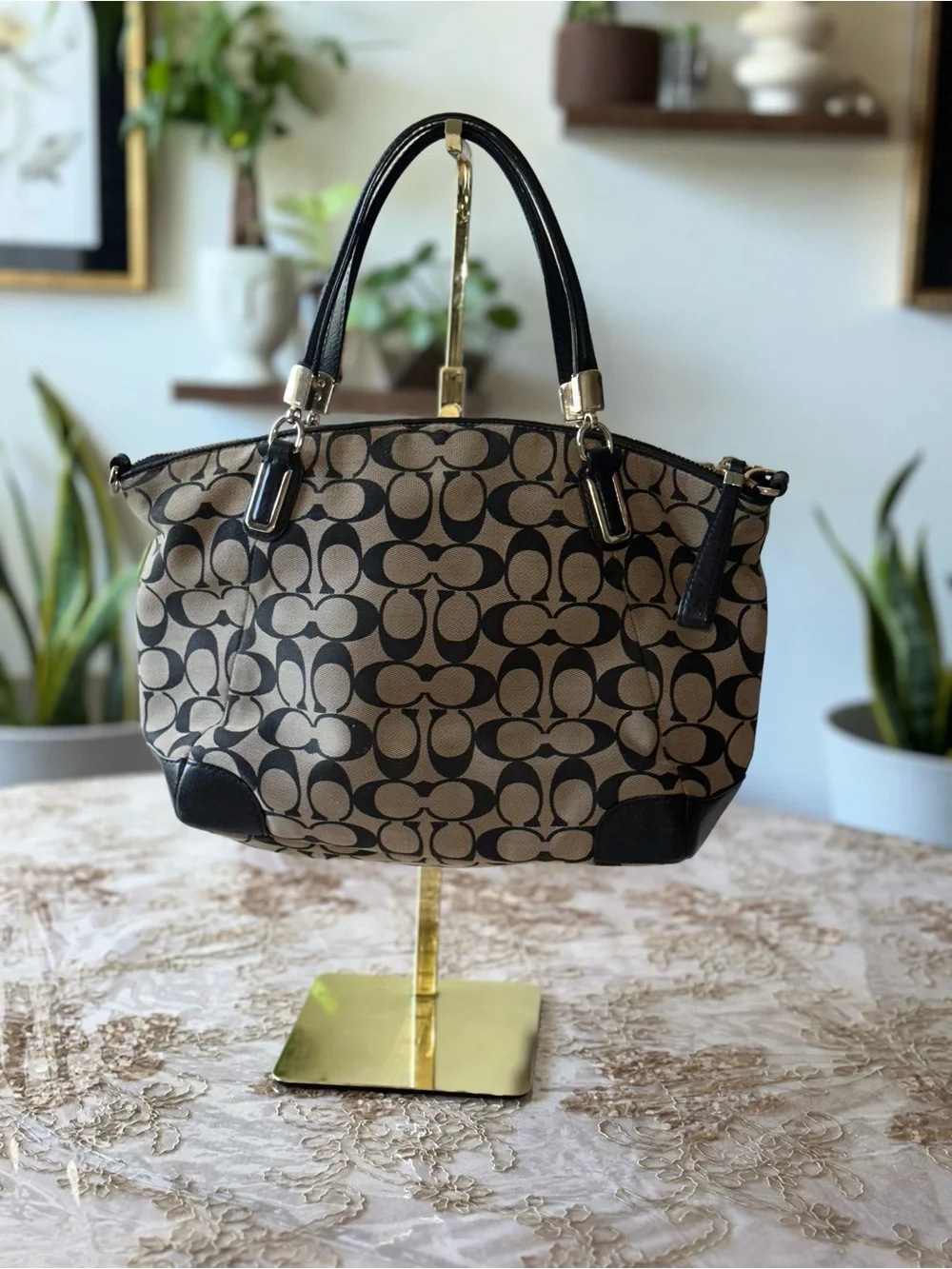 Coach Brown Khaki Signature Canvas Shoulder Tote with Black Trim